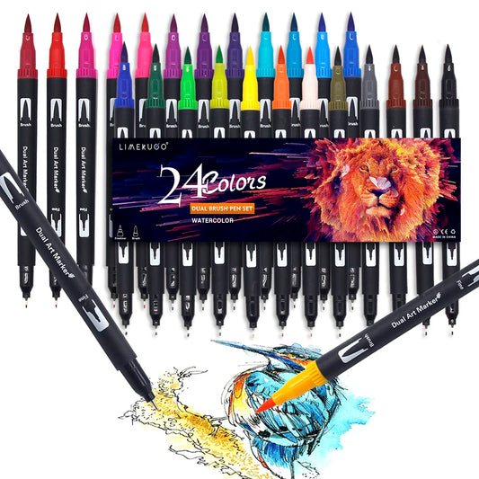 Stiften set met dual-tip brush pens en fineliner aquarel markers