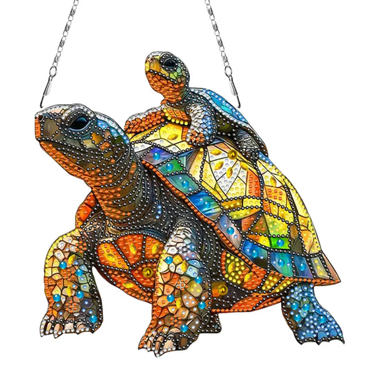 Diamond Painting Hangend ornament schildpad met kleintje – fonkelende raamdecoratie