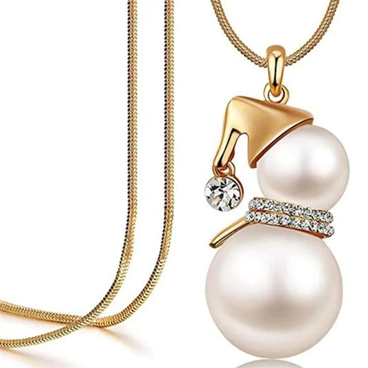 Kerst ketting sneeuwpop met parel en kristal – feestelijke lange ketting voor dames