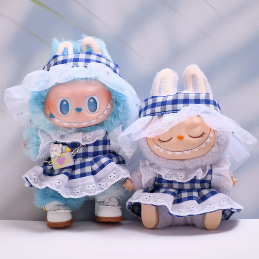 Kleding voor Labubu poppen - Blauw geruite jurk met haarstrik 15/17cm
