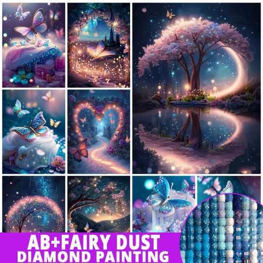 AB Diamond Painting op canvas - Fairy Dust Fantasy met Sterrenhemel, Boom & Vlinder