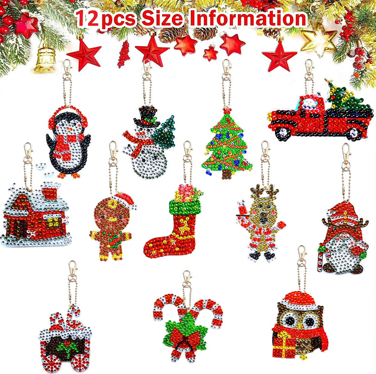 Diamond Painting Kerst Sleutelhanger set 12 stuks Dubbelzijdig - YSK161