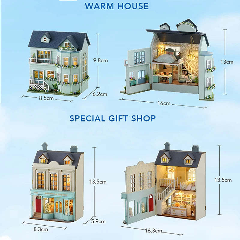 Zelfbouw miniatuurhuisje houten villa met meubels en verlichting - D-065