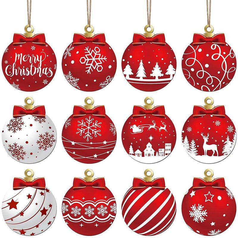 Kerstballen set hout – 12 stuks platte hangers voor kerstboomdecoratie