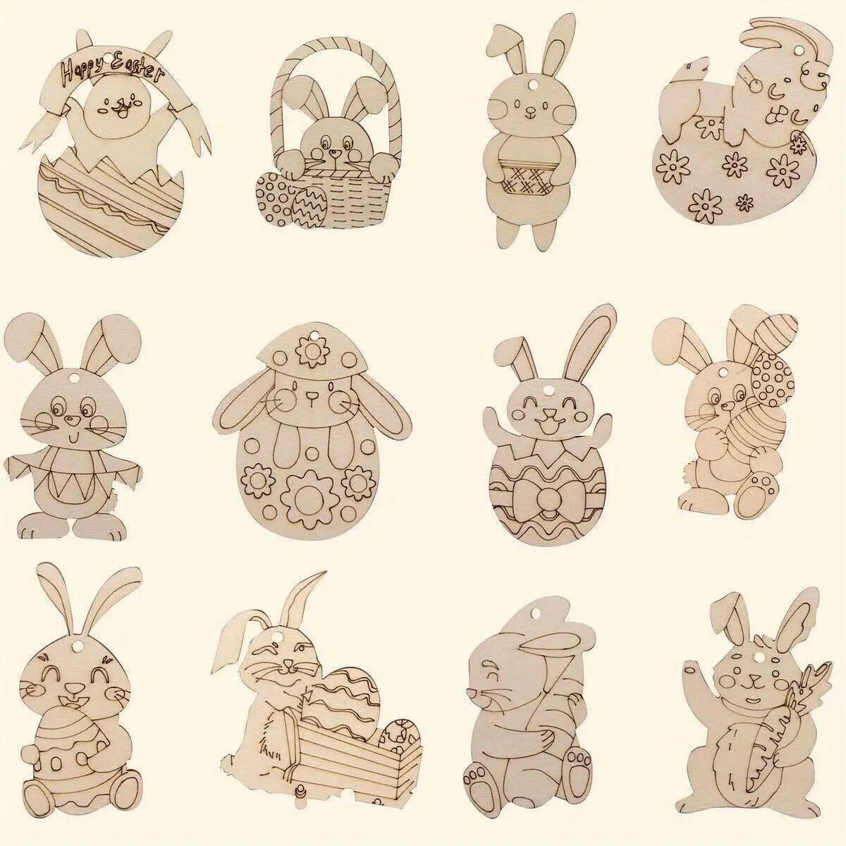 Houten Paas figuren om zelf te kleuren/schilderen – Konijn & Ei Hangers Set