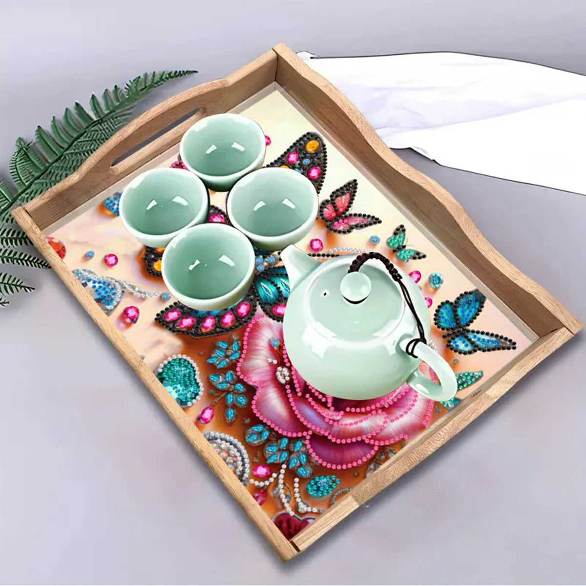 Diamond Painting Dienblad Roos en Vlinders Houten Serveerblad met Handvat