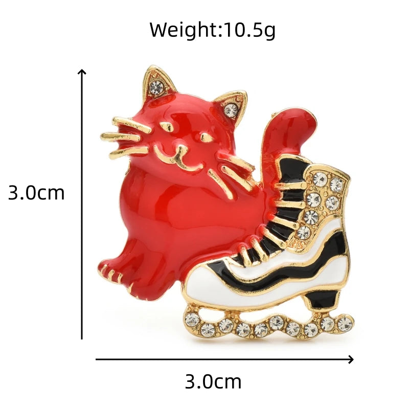 Kerst Broche Kat en Schaats – Winterse Emaille Speld voor Unisex Cadeaus