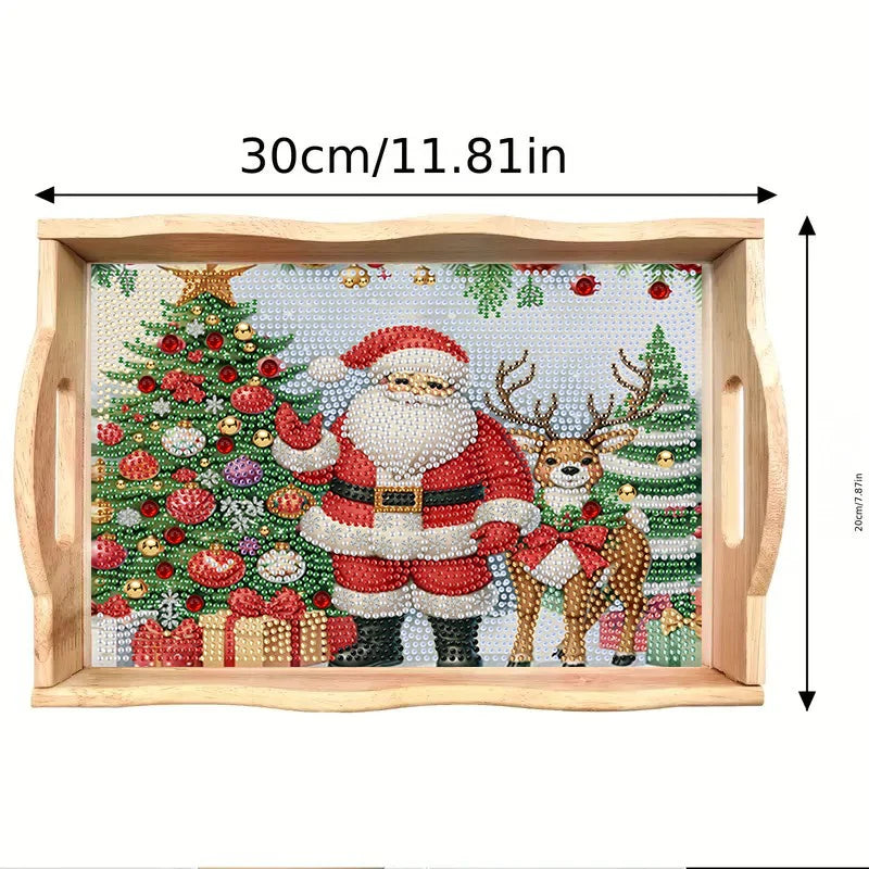 Diamond Painting Dienblad Kerstman met Rendier en Kerstbomen Houten Tray