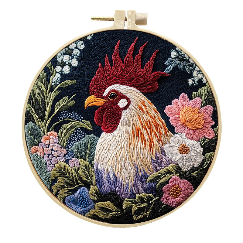 Borduurpakket rond haan met bloemen patroon voor beginners