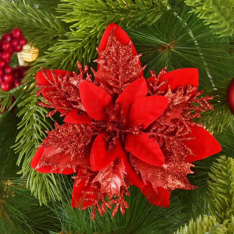 Kerstboom ornamenten glitter bloemen 14cm kerstdecoratie set