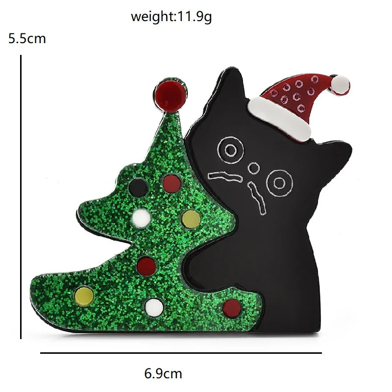 Kerst Broche Kat met Kerstmuts en Boom – Feestelijke Dierenbroche