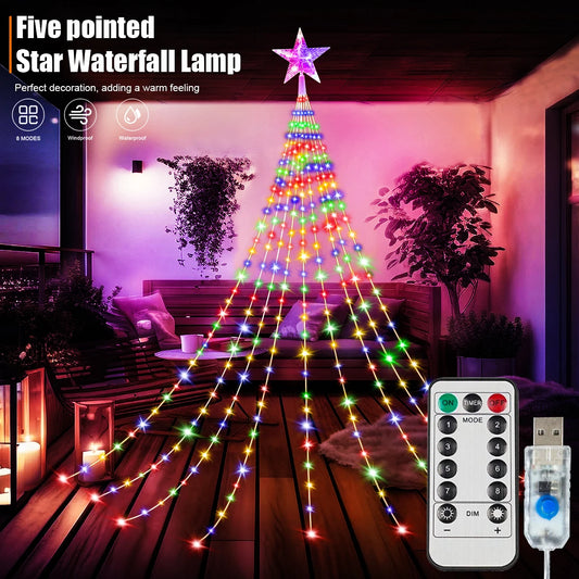 Led Kerstboom Waterval Slingerlicht met Ster Top – 8 Lichtstanden voor Binnen & Buiten