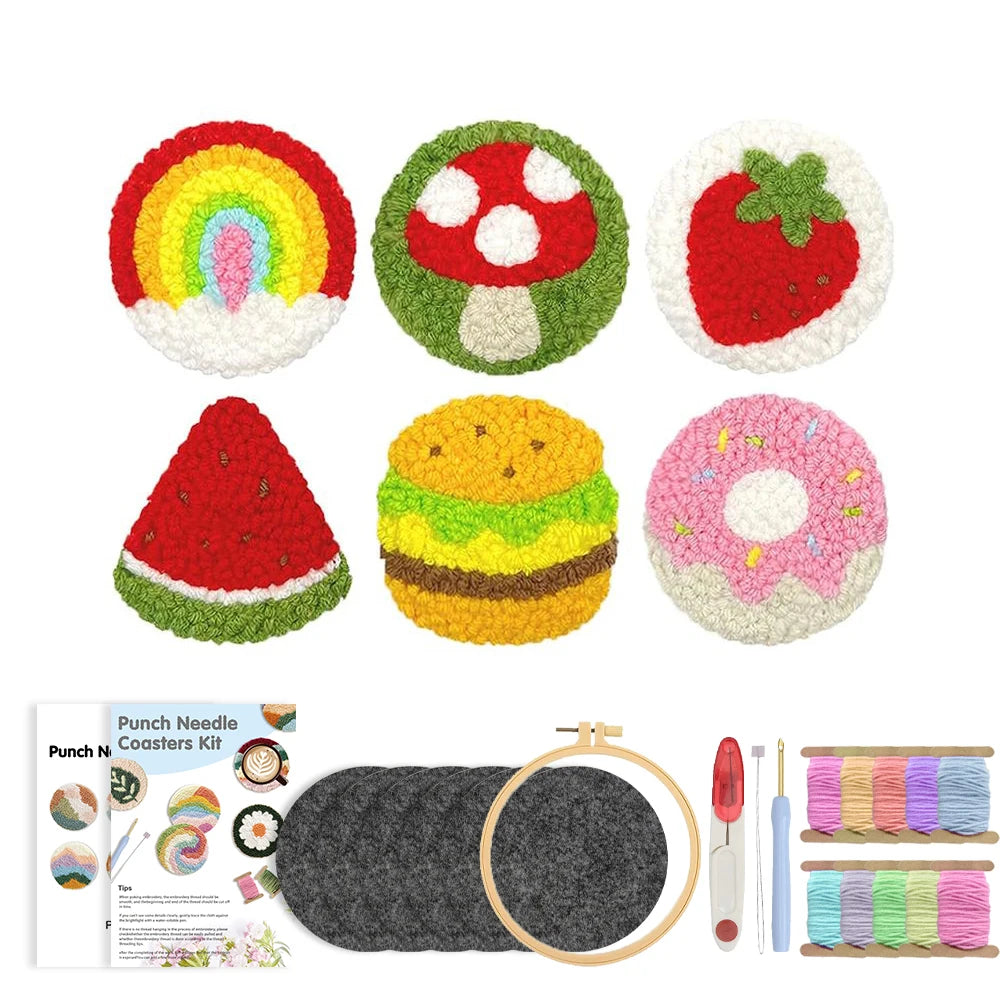 Punch Needle pakket Cartoon Eten Onderzetters Set 6 Stuks voor Beginners