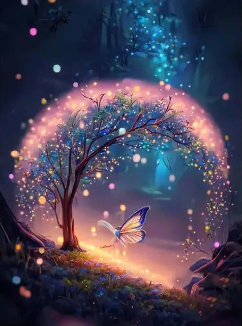 AB Diamond Painting op canvas - Fairy Dust Fantasy met Sterrenhemel, Boom & Vlinder