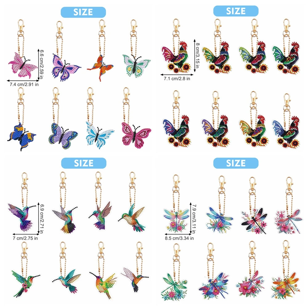 Diamond Painting Sleutelhanger set - Libelle & Vlinder - 8 stuks