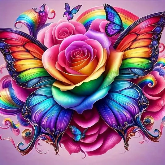 Diamond Painting Dieren - volledige bedekking - ronde of vierkante steentjes - Vlinder met roos