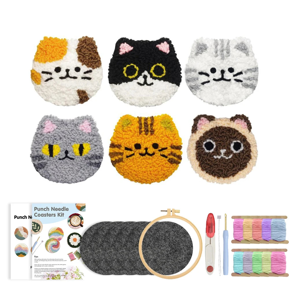 Punch Needle pakket onderzetters katten set met 6 onderzetters voor beginners