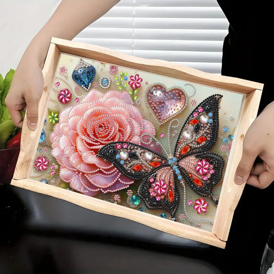 Diamond Painting Dienblad Bloem met Vlinder – Luxe Houten Tray voor Creatief Gebruik
