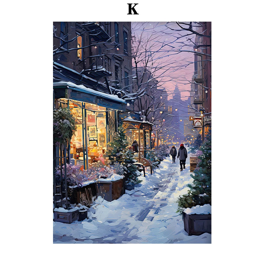 Kerst schilderij romantische winteravond in Parijs met sneeuw en kerstboom