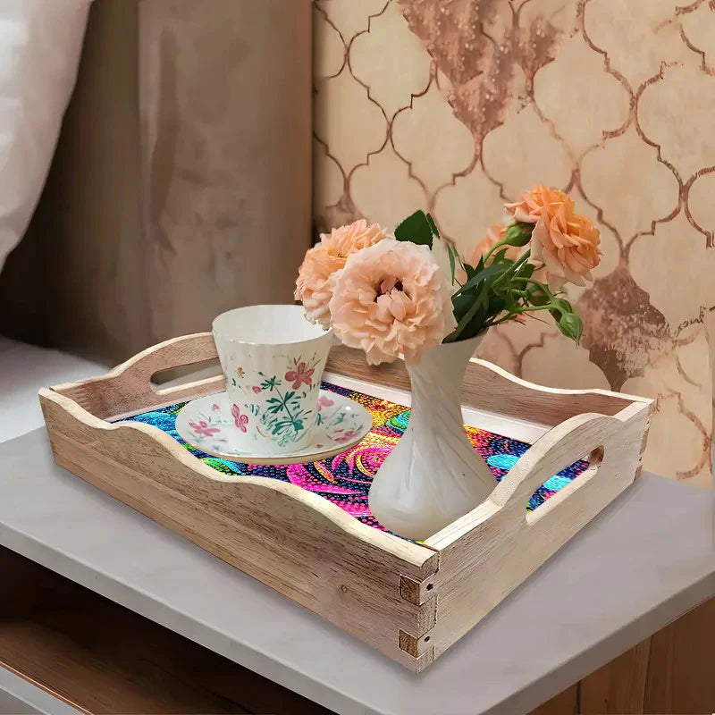 Diamond Painting Dienblad Roos, Zonnebloem en Vlinders Houten Tray met Handvat
