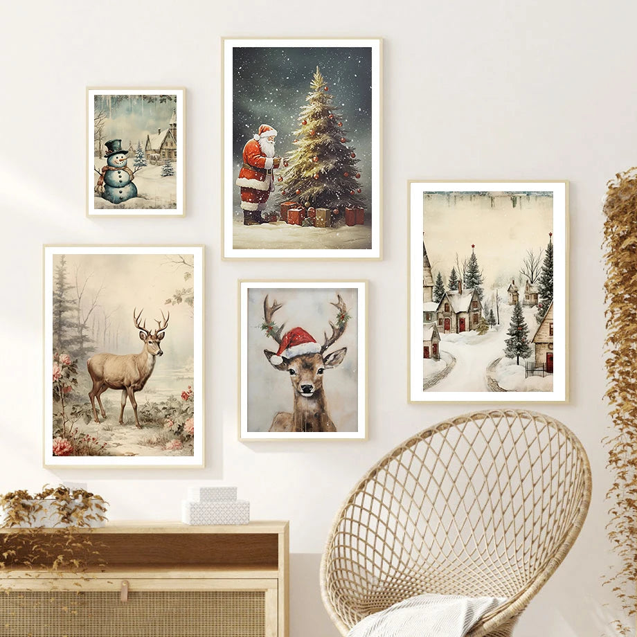 Kerst schilderij Santa Claus bij kerstboom – klassieke winter decoratie op canvas