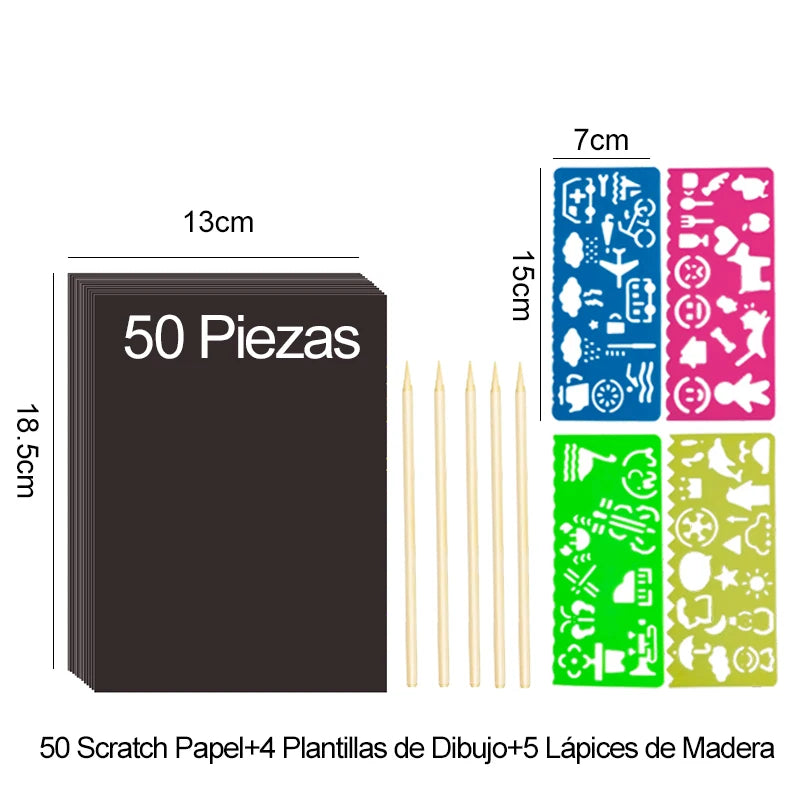Krastekening set met 4 schildertemplates en kleurrijk kraspapier