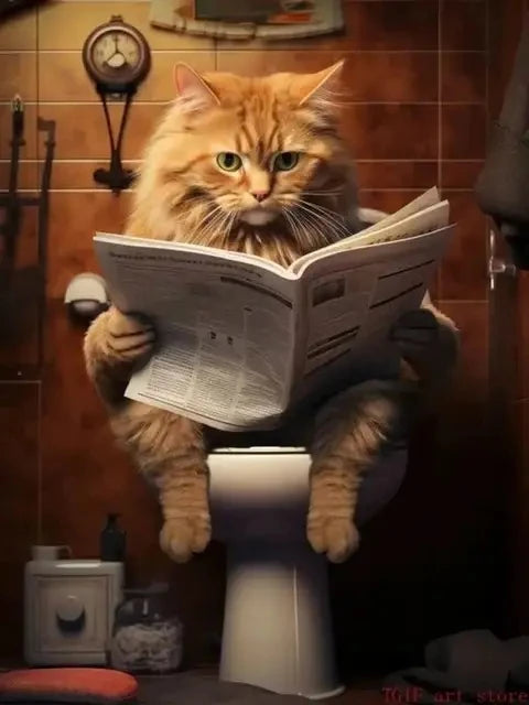 AB Diamond Painting met Fairy dust steentjes Kat op Toilet Krant