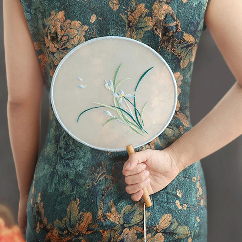 Borduurpakket rond Chinese bloemen waaier met voorgedrukt patroon
