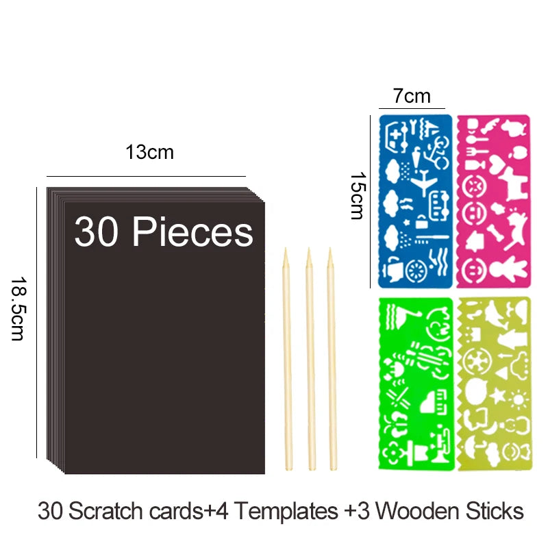 Krastekening set met 4 schildertemplates en kleurrijk kraspapier