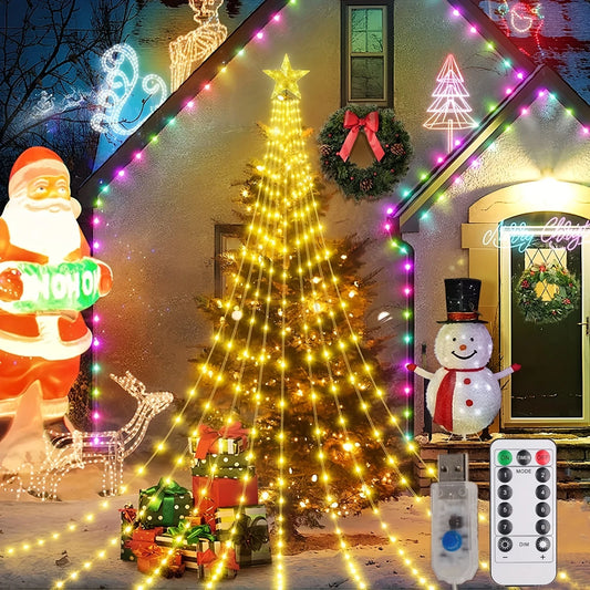 Led Kerstboom Ster Waterval Licht met Afstandsbediening en 8 Verlichtingsstanden