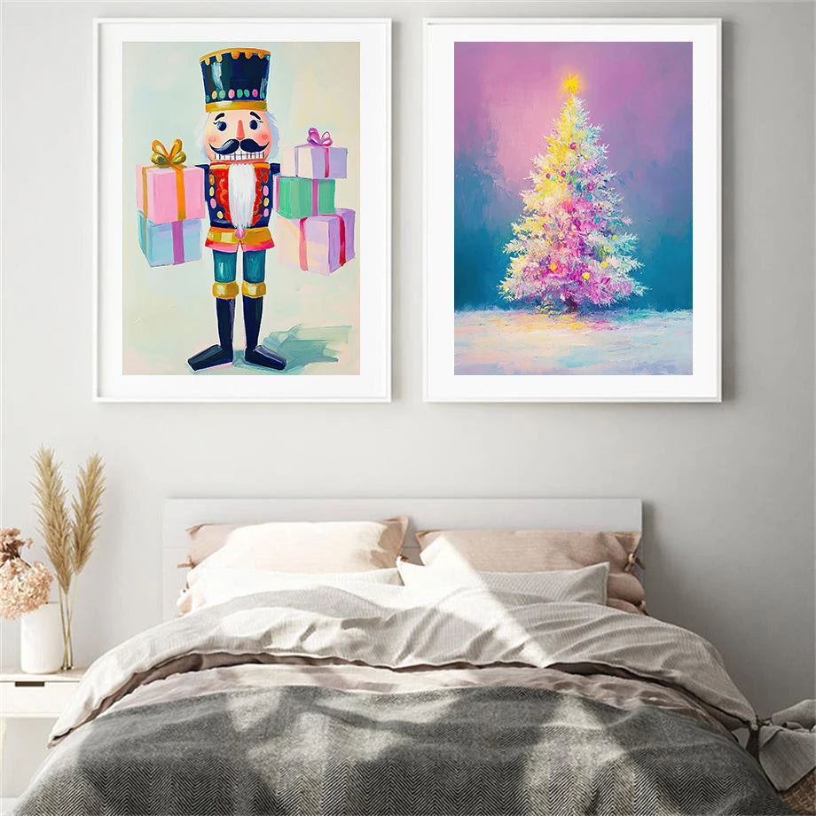 Kerst schilderij sfeervol nachtelijk sneeuwhuis met kerstboom op canvas