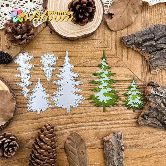 Snijmal Retro Winter Pine Bomen Laagjes voor Scrapbooking