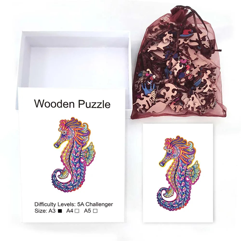 Houten figuren puzzel Colorful Seahorse – Kleurrijk en educatief puzzelplezier