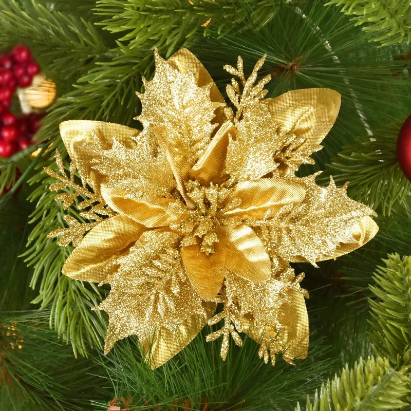 Kerstboom ornamenten glitter bloemen 14cm kerstdecoratie set