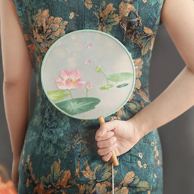 Borduurpakket rond Chinese bloemen waaier met voorgedrukt patroon