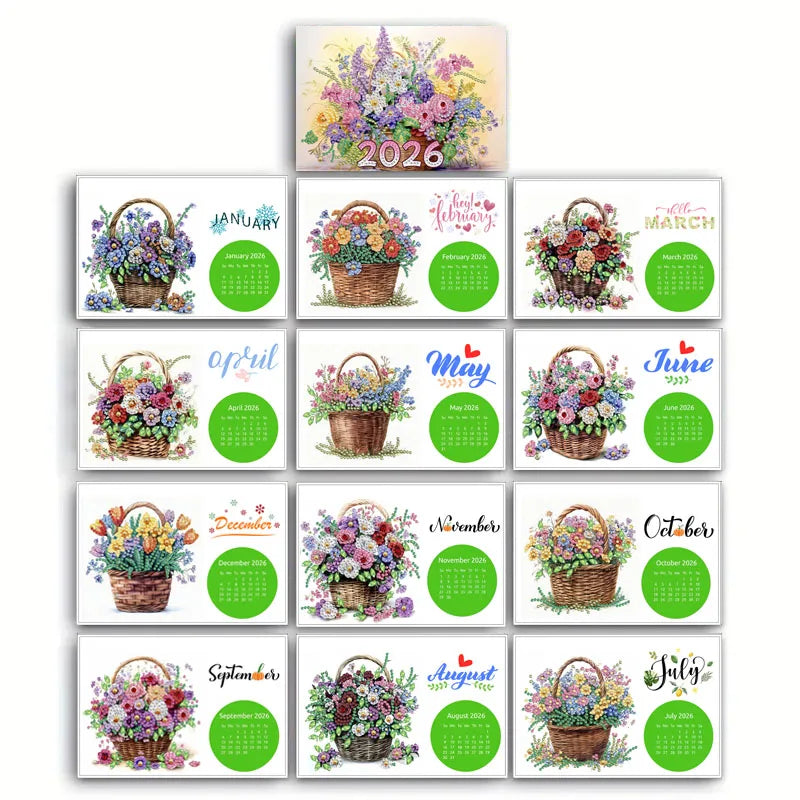 Diamond Painting Kalender met Bloementhema – Handgemaakte Bureaukalender met 13 Pagina’s