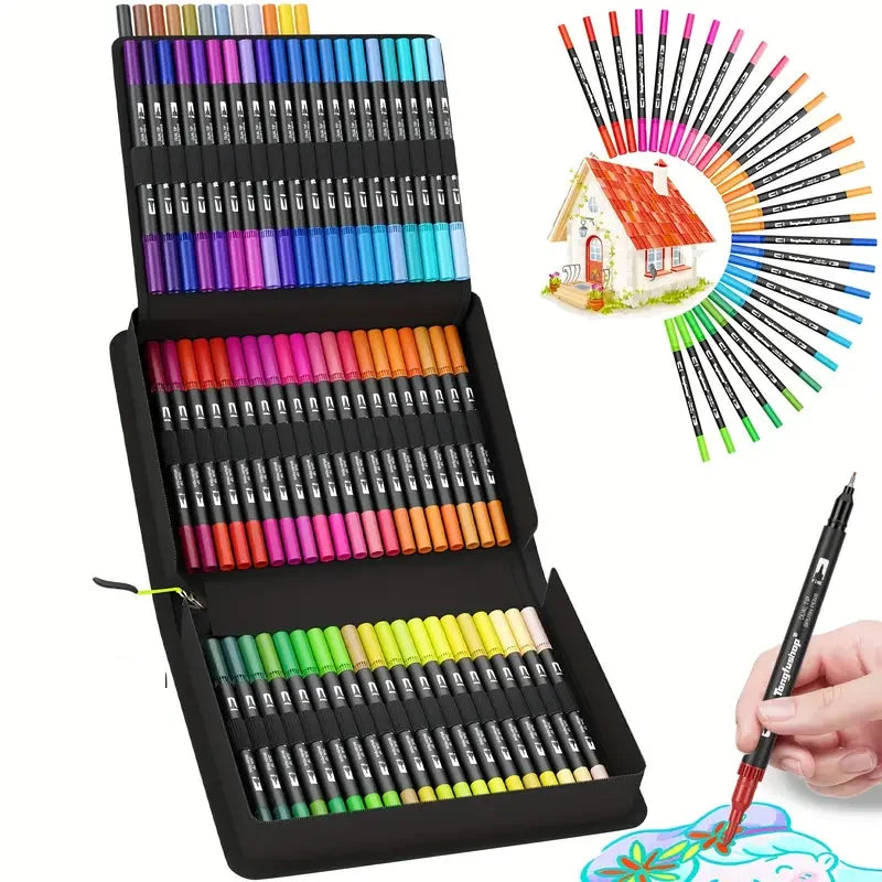 Stiften set met dual brush markers voor kleuren, tekenen en handletteren