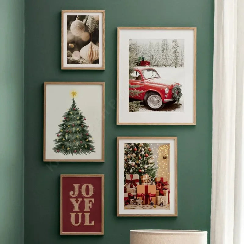 Kerst schilderij rode amaryllis met kerstboom en notenkraker – sfeervolle wanddecoratie