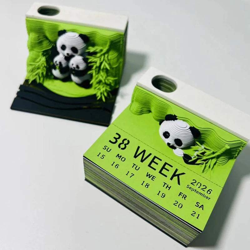 3D Papier Sculptuur Panda Bureaukalender 2026 met Notitieblok en Creatief Ontwerp