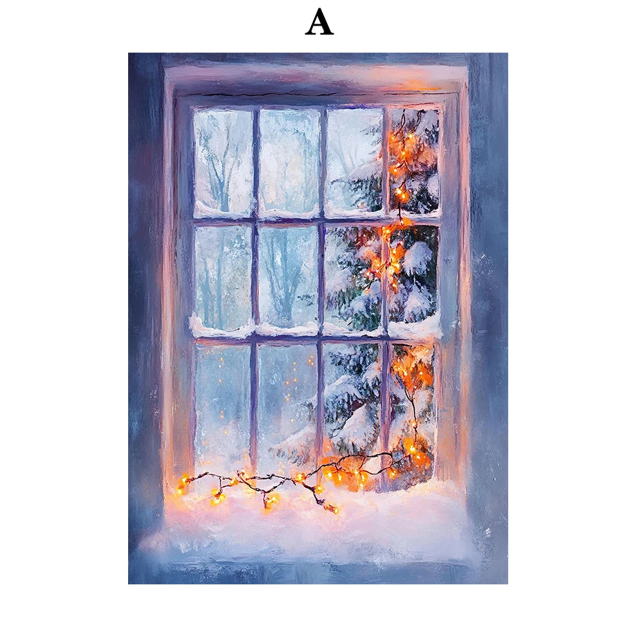 Kerst schilderij sfeervol nachtelijk sneeuwhuis met kerstboom op canvas