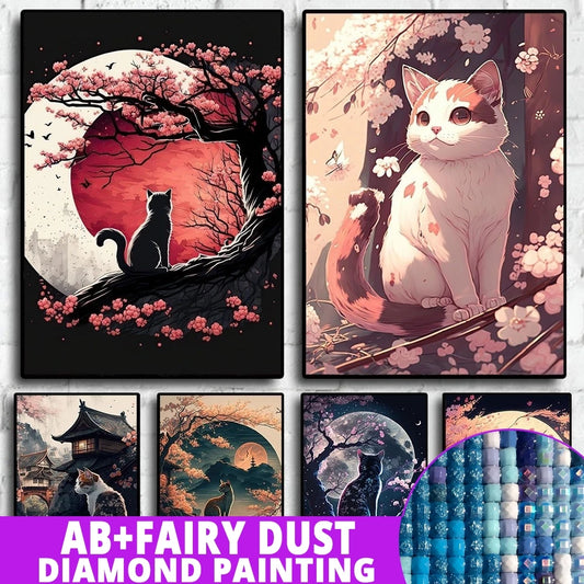 AB Diamond Painting op canvas – Katten & Kersenbloesem – Volledige bedekking – Keuze uit ronde of vierkante AB/Fairydust steentjes