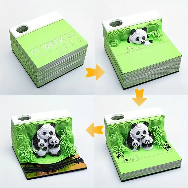 3D Papier Sculptuur Panda Bureaukalender 2026 met Notitieblok en Creatief Ontwerp