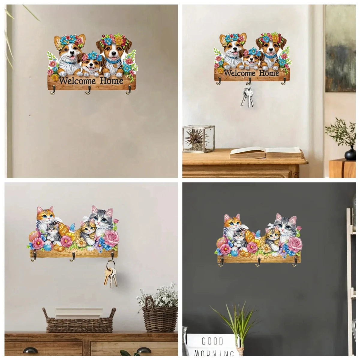 Diamond Painting Kapstok/Sleutelrek met Honden Design 3 Haken