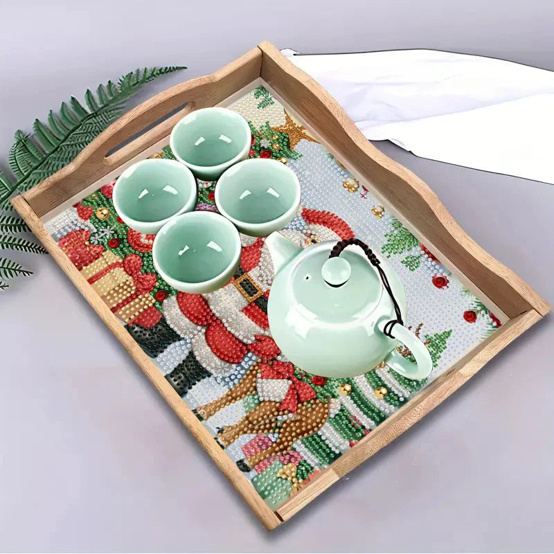 Diamond Painting Dienblad Kerstman met Rendier en Kerstbomen Houten Tray