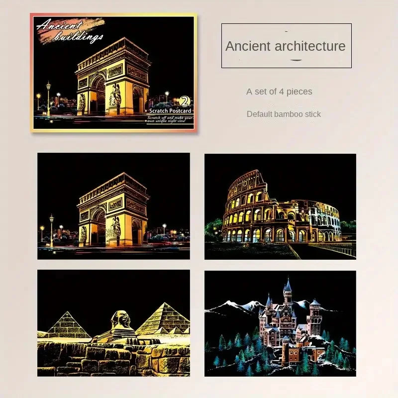 Krastekening Nachtelijke Stadsgezichten Set van 4 Kleurrijke Kaarten