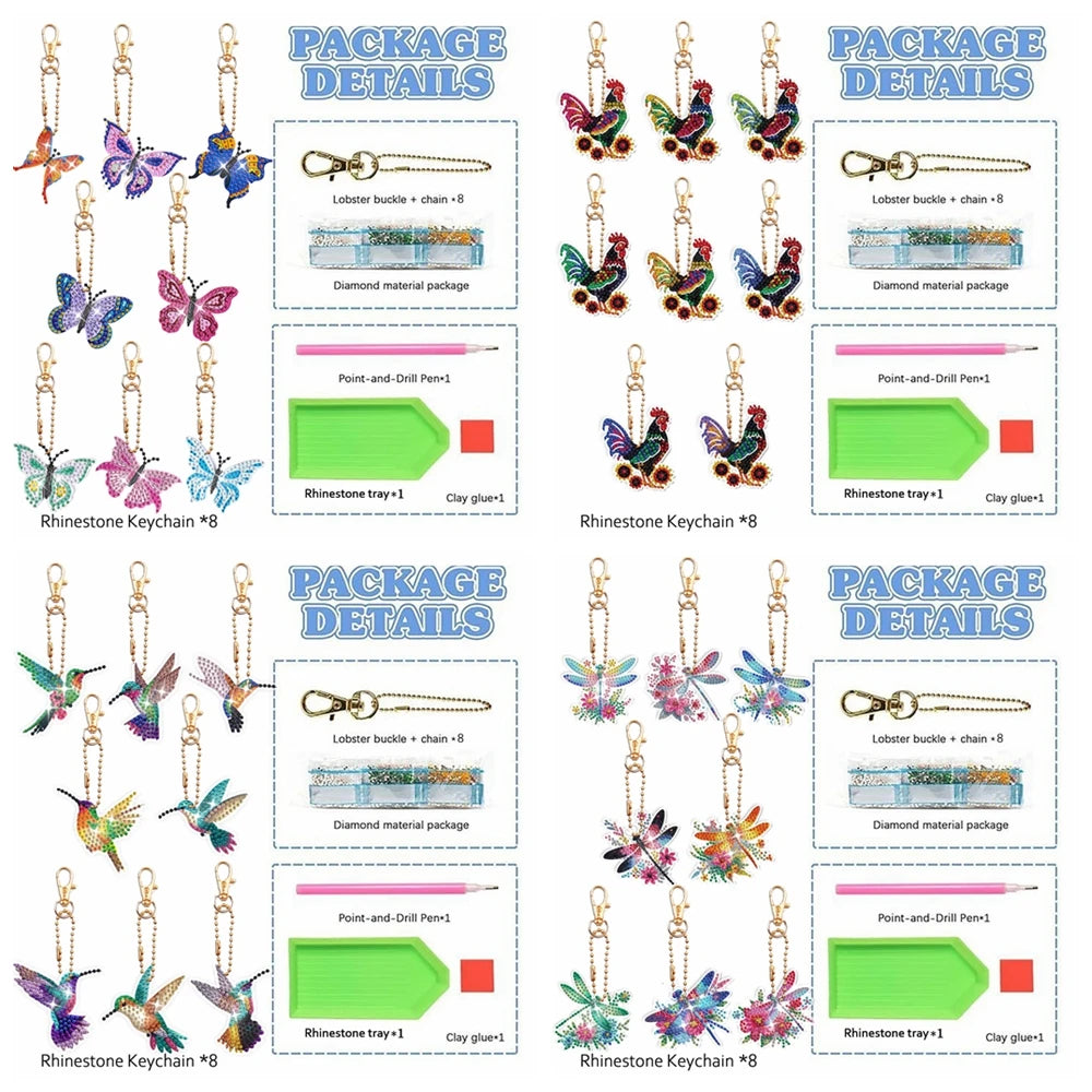 Diamond Painting Sleutelhanger set - Libelle & Vlinder - 8 stuks