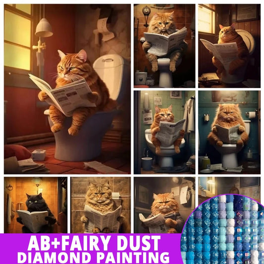 AB Diamond Painting met Fairy dust steentjes Kat op Toilet Krant