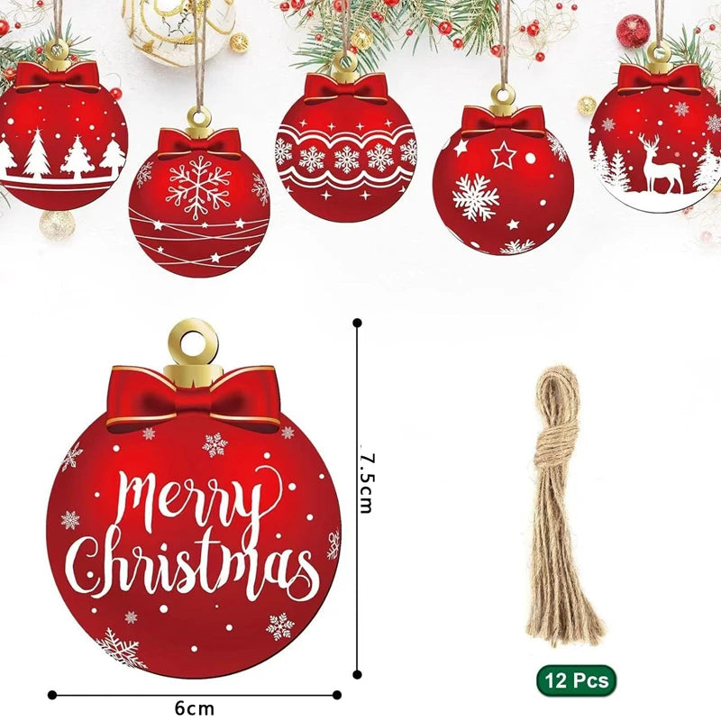 Kerstballen set hout – 12 stuks platte hangers voor kerstboomdecoratie