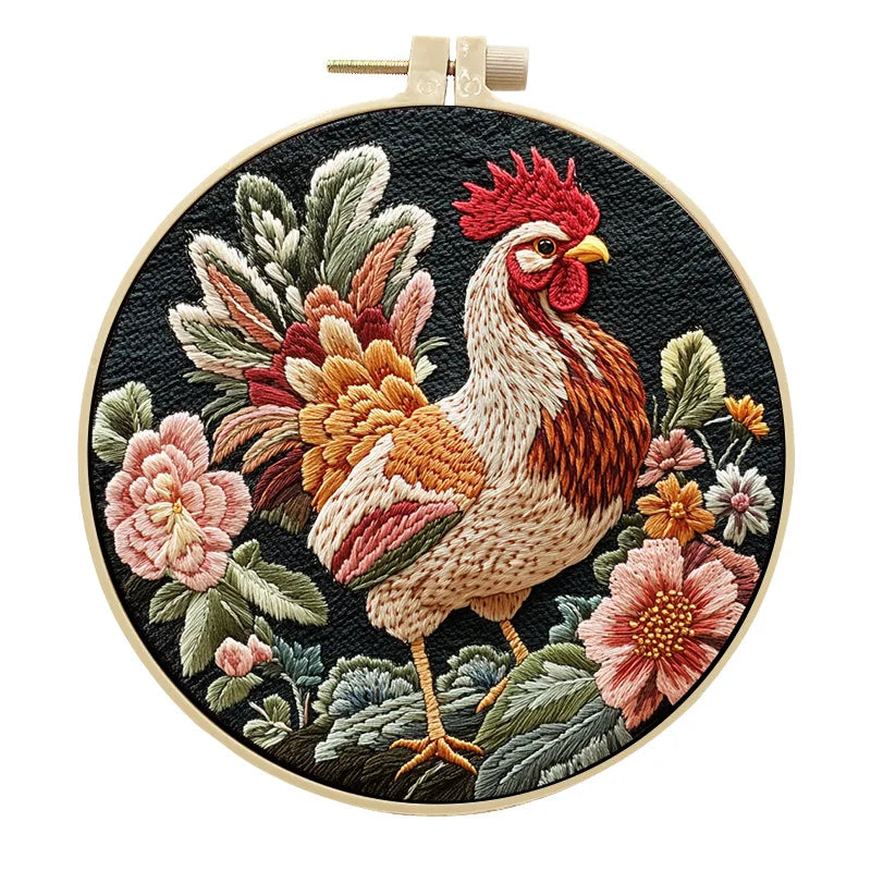 Borduurpakket rond haan met bloemen patroon voor beginners
