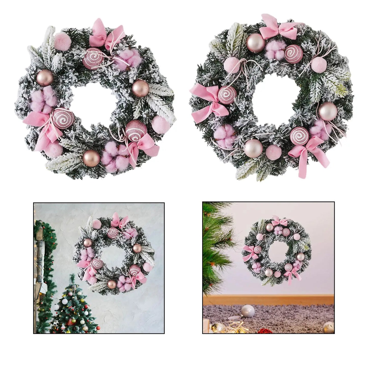 Kerst krans met roze strik – stijlvolle winterdecoratie voor deur en muur